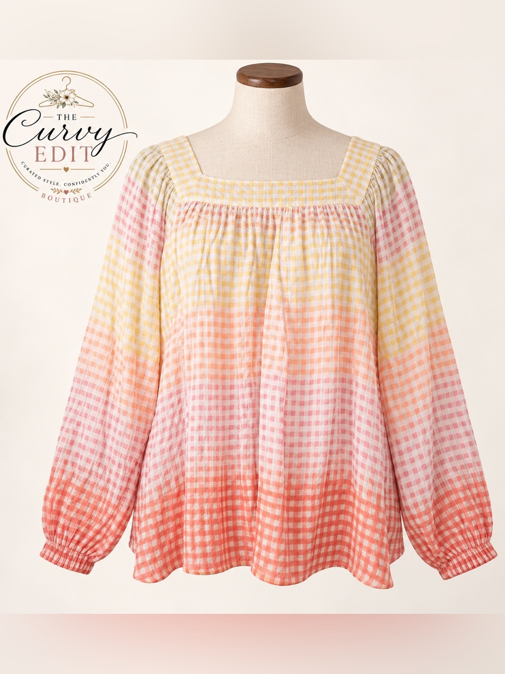 LC Lauren Conrad XXL Gingham Square Neck Blouse Pastel Cottagecore Peasant Top